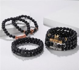 Charm Bracelets 2021 2pcsset CZ Crown Bracelet Men Braclet Kinds Black Matte Stone Bead For Mens Hand Jewelry7263610