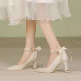 Dress Shoes Comemore French High Heels Female Thick Heel Pumps 2024 Pointed Head Pearl Buckle Women's Summer Footwear Wedding Shoe