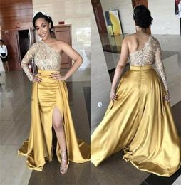 One Shoulder Front Split Evening Dresses Lace Top Satin Skirt Long Sleeves Prom Dress Long Zipper Back Plus Size Formal Party Gown3738416