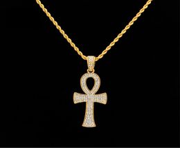 Hiphop Egyptian Ankh Key necklaces Gold&Silver Bling Rhinestone Crystal Crucifix Pendant Necklace For mens Hip Hop Party Jewelry8706150