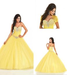 Whole 2015 Sexy Sweetheart Beaded Crystal Yellow Organza Sweet 16 Quinceanera Dresses Crystal Ball Gown Party Prom Gowns9492156