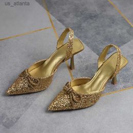 Dress Shoes Evening Woman High Heels Slingbacks Wedding Footwear Shiny Sequins Bowknot Pointed Toe Stiletto Ladies Party Prom Pumps H240416 AH0P