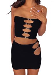 Work Dresses 2pcs Sexy Cut Out Bodycon Set Women Strapless Tube Tops Mini Skirts Outfits Summer Streetwear