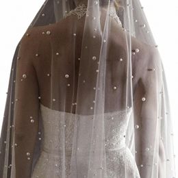 pearls White Ivory Lg Bridal Veil With Comb One Layer Cathedral Wedding Veil with Pearls Velos de Noiva Crystal Beads 3Meters u50l#