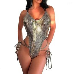 Women's Swimwear Sexy Golden Snake Skin One Piece Swimsuit For Women High Cut Out Monokini Tied String Bandage Bathing Suit Beach Femme