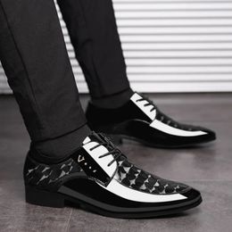 Men Shoes Formal Dress Shoe Black PU Leather Lace Up Point Toe Business Casual for Wedding Party Office 240407