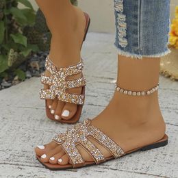 Slippers 2024 Summer Fashion Sexy Casual Comfortable Solid Color Sequined Sandals Square Toe Flat Heel Open SlippersNO:1-260