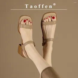 Sandals Taoffen Casual Women's Street Style One Word Belt Summer Concise Square Heel Female Open Toe Buckle Strap Shoes