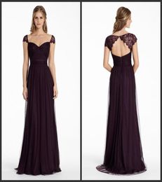 Bridesmaids Dresses Plum English Net A Line Long Sweetheart Neckline Formal Party Dress Lace Cap Sleeve Keyhole Zipper Evening Dre1634690