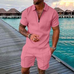 Men's Tracksuits 2024 Summer Tracksuit Cotton Solid Colour Short Sleeve Zipper Polo Shirt&Shorts Set For Men Casual Streetwear 2-Piece Suit
