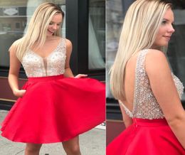 Red Short Homecoming Dresses V Neck Sheer Straps Beading Satin Backless Short Prom Dresses Royal Blue Pink Black Party Dresses Wit4040010