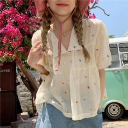 Women's Blouses 2024 Sweet Shirts Women Cute Print V Neck Puff Short Sleeve Blouse Student Korean Fashion Embroidery Loose Casual Top
