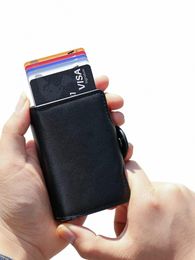 men's portable RFID double-layer aluminum alloy credit card holder with multifunctial automatic pop-up PU leather wallet b4LB#