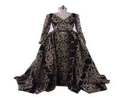 2019 Bling Sheath Prom Dresses VNeck Evening Gowns with Detachable Overskirt Split Arabic Long Sleeves Ball Gown Dubai Formal Gow7459867