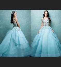 Quinceanera Dresses Ball Gown Spaghetti Straps Lace Applique Crystal Beads Blue Tulle Ruffles Sweet 16 Plus Size Formal Prom Eveni1737862