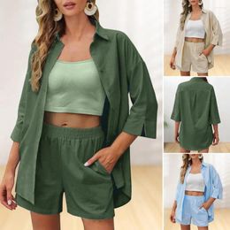 Women's Tracksuits Women Suit Set Stylish Shirt Shorts With Three Quarter Sleeves Turn-down Collar Blouse High Waist Pants For A