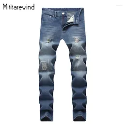 Men's Jeans Washed And Distressed Blue For Men High Street Causal Ripped Cotton Straight Slim Fashion Denim Pants 42