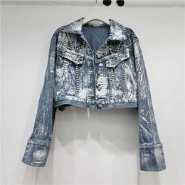 Women's Jackets Women Hand Painted Graffiti Diamonds Denim Jacket Retro Rhinestone Jeans Bomber Coat Handsome Loose Cowboy Crystal Cardigan