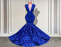 Elegant Sparkly Vneck Royal Blue Sleeveless 3D Rose Mermaid Prom Dress Long Sequined Black Girls Gala Evening Party Wear Gowns Cu8874347