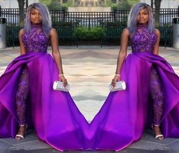 Prom Jumpsuits Dresses With Detachable Train High Neck Lace Appliqued Evening Gowns African Party Women Pant Suits BC24792648076