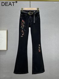 Women's Jeans Embroidery Flowers Diamonds High Waist Black Micro Flare Slim Denim Pants 2024 Autumn Fashion 29L3581