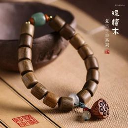 Strand Green Sandalwood Single Ring Hand String Jade Barrel Beads Text Play Wooden Buddhist Bracelet Ethnic Style Women Men Gift