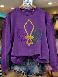 Women's Hoodies Mardi Gras Graphic Thread Embroidered Sweatshirt Purple Long Sleeve Crew Neck Women Sweatshirts.