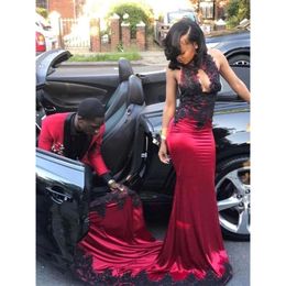 Red New Girls Prom Dresses With Black Appliques Sexy Mermaid Keyhole Neck Ruffles Long Evening Party Gowns For Teens Vestidos De Bal BC