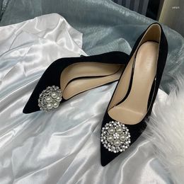 Dress Shoes Crystals Black Velvet Women Single White Peal Ladies Pumps Slip-On Tacones Para Mujer Pointed Toe Sapatos Feminino