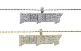 Chains Iced Out Bling 5A CZ Paved Gold Colour Letter Money Pendant Necklace With Long Rope Chain Hip Hop Dollar Men Boy Jewel8600597