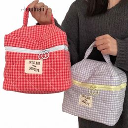 women Plaid Cosmetic Bag Fi Sweet Cott Chequered Makeup Bag Soft Fabric Clutch Handbag Travel Toiletry Bag Practical K3gX#