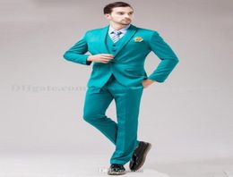 Fashionable Back Vent Turquoise Groom Tuxedos Notch Lapel Groomsmen Mens Wedding Tuxedos Prom Suits JacketPantsVestTie7461609