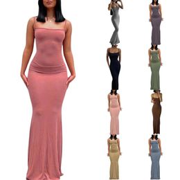 Summer Fashion Womens Pure Color Desire Slim Peach Hip Strap Long Fishtail Dress