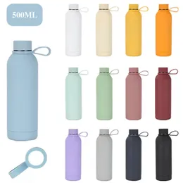 Water Bottles 1pc 500ml/17oz 304 Stainless Steel Insulation Cup With Narrow Mouth Portable Leakproof Sports Bottle Handle Ring