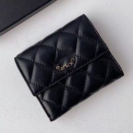 Calfskin Leather Neutral Designer Three Fold Wallet Gold Metal Hardware Luxury Coin Purse Multi Card Bit Card Bag Portable Diamond Lattice Black Handbag 11x10cm