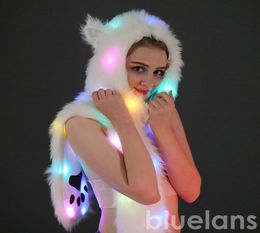 Women LED Light Up Faux Fur Animal Ears Hood Hat with Scarf Festival Supply7321592