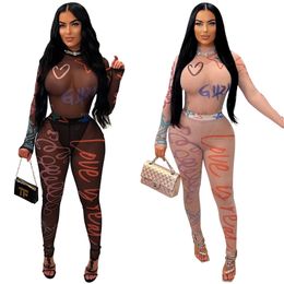 Designer Sexy Mesh Bodysuits and Leggings Two Piece Set Women Summer Long Sleeve Sheer Printed Outfits See Through Wholesale Clothes 10965