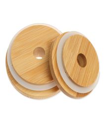 Kitchen Bamboo Mason Jar Lids with Straw Hole and Silicone Seal Reusable Caps for Wide Mouth Can Bottle 70mm 86mm XBJK21116724335