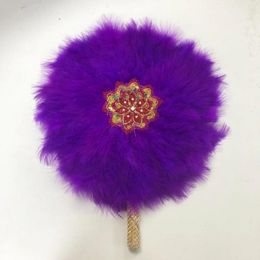 Decorative Figurines 1pcs African Turkey Feather Hand Fan Handmade Fans For Dance Wedding Decoration With Stones Double-Sided Purple Fan-30