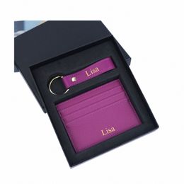 custom Initials Gift Box Set Genuine Leather Card holder Key Ring Wallet For Men Women Multi-Card Cardholder Simple Style C4HF#