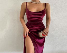 Ladies Sexy Club Wear Y2K Velvet Party Dresses Womens Clothes Sleeveless Backless Side Slit Bodycon Midi Dresses Women Evening Ele5625876