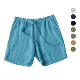 European and American mens summer cotton linen shorts with drawstring solid color breathable beach five point casual pants 240410