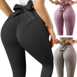 Active Pants Women Solid Color Gym Legging High Waist Yoga Trouser Bandage Bow Tie Activewear