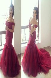 Stunning Off Shoulder Mermaid Red Evening Dresses Applique Tulle Bridesmaid 2018 Long Party Dress Prom Formal Pageant Celebrity Go1296869