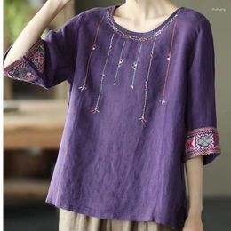 Women's T Shirts Retro Summer Ethnic Style Embroidered Round Neck Cotton And Temperament Pullover Middle Sleeve Loose T-shirt Tops