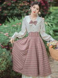 Work Dresses Kawaii Preppy Style Bow 2PCS Blouse Skirt Set Cute Peter-Pan Collar Solid Women High Waist Lace Plaid A-line Maxi Faldas