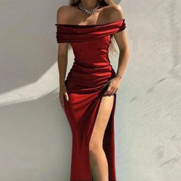 Womens Formal Dresses Fashion Solid Color Off Shoulder Satin Slim Side Slit Midi Dress Elegant Party Evening For Women 240416