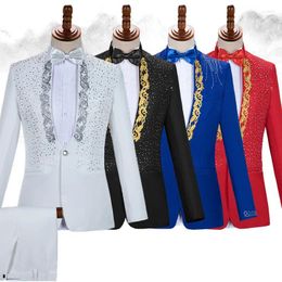 Men's Suits White Wedding Groom Pants Men Slim Fit One Button Sequin Embroidery Tuxedo Suit Peak Lapel Stage Costume Traje Hombre