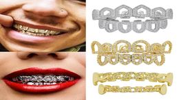 18K Real Gold Diamond Hollow Teeth Grillz Dental Mouth Iced Out Fang Grills Braces Tooth Cap Vampire Full Diamond Punk Hip Hop Rap3377765