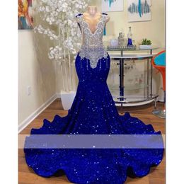 Sparkly Royal Blue Diamonds Mermaid Prom 2024 Glitter Sequins Lace Sheer Tulle Bead Crystal Rhinestones Vestidos De Fiesta Formal Party Evening Dress 0221